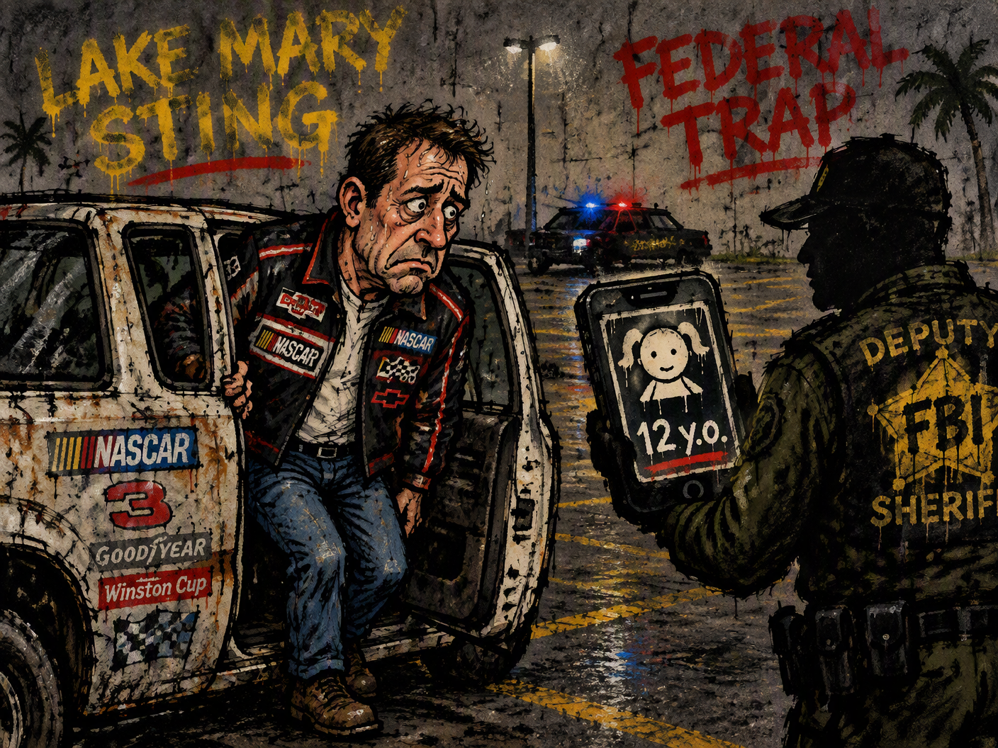 Graffiti-style cartoon showing former NASCAR driver Rick Crawford stepping from his truck into the jaws of a shadowy deputy holding a phone with a fake 12-year-old profile, set in a grim parking lot labeled ‘Lake Mary Sting’.