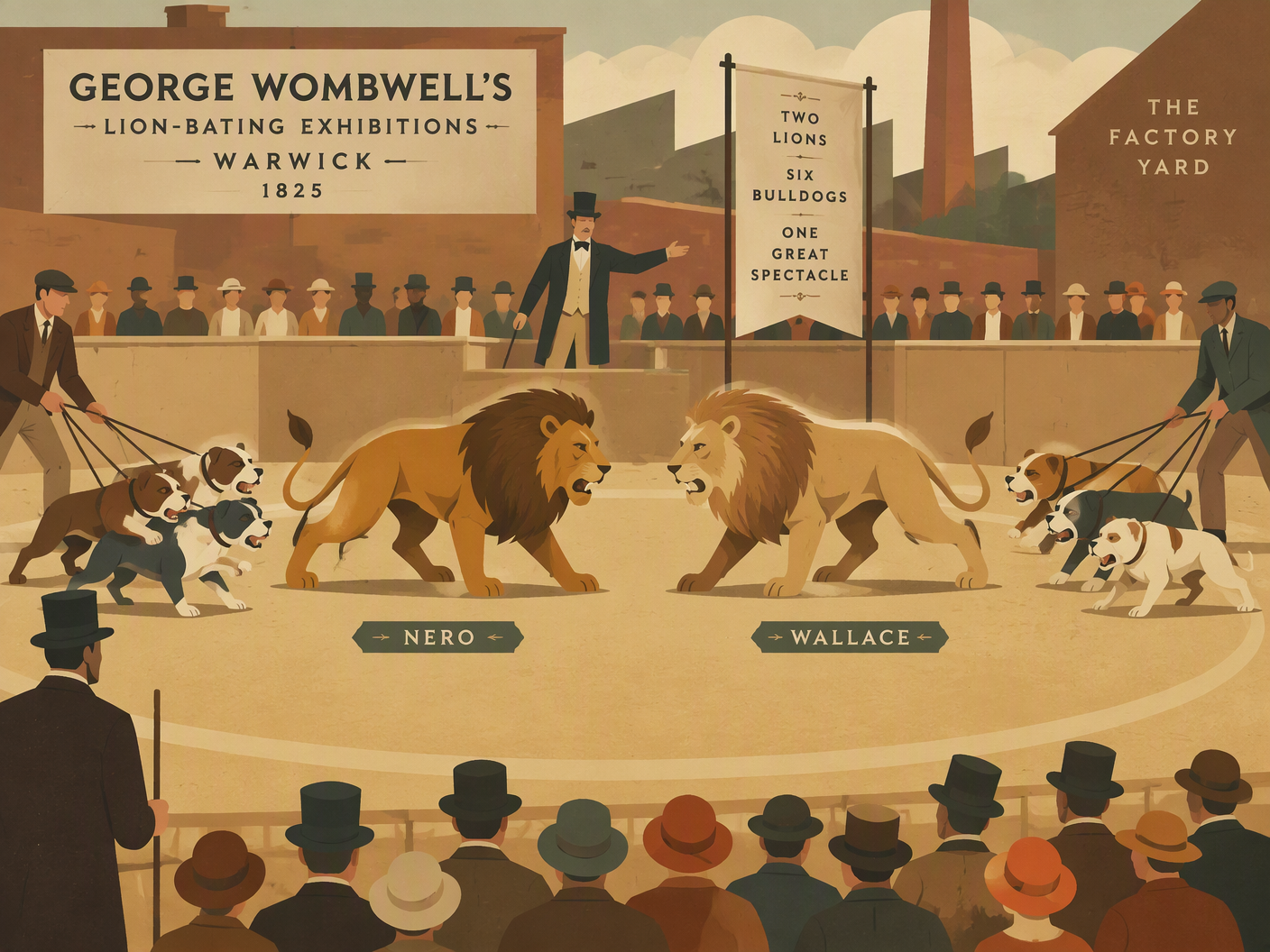 Mid-century modern style illustration showing stylized lions Nero and Wallace facing groups of six bulldogs in a simplified factory yard arena, with minimal human handlers and a modest crowd, using warm earthy colors to depict the staged lion-baiting events of 1825 Warwick.