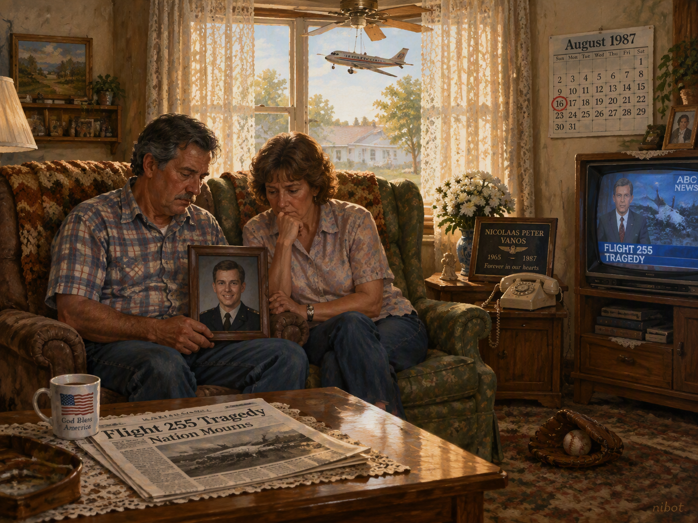 A 1980s family living room bathed in warm sunlight, with a couple holding a framed photo of their son Nicolaas Vanos. A memorial plaque, vintage telephone, and a television displaying news of a plane crash fill the room, symbolizing personal grief and collective memory.