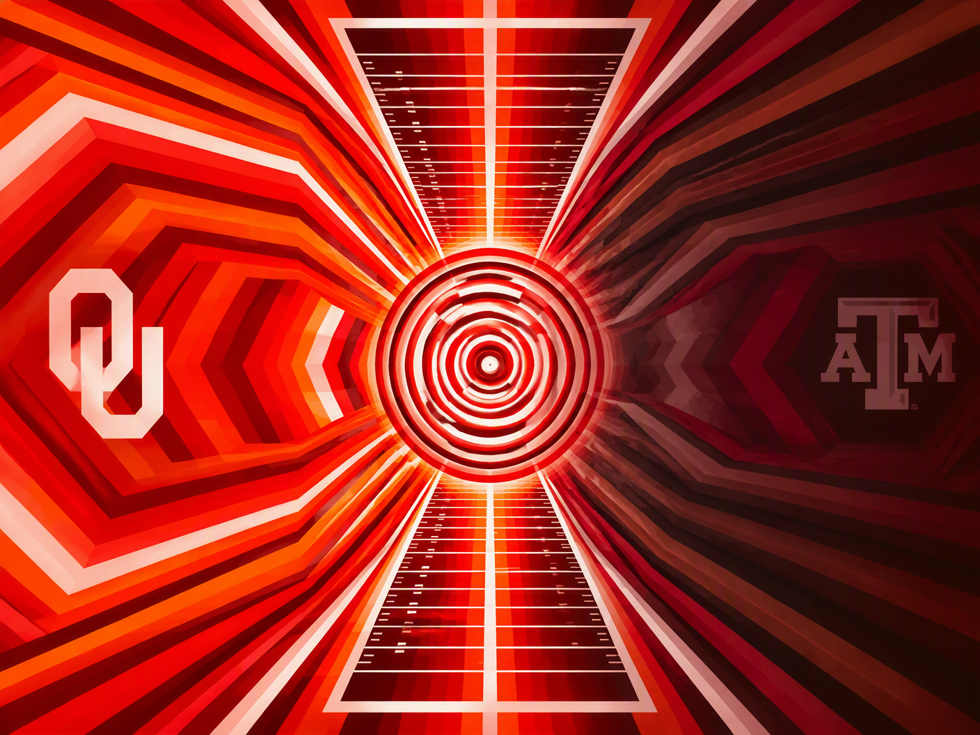 Abstract chromatic op art composition with radiant orange-red fields and fading maroon shapes symbolizing Oklahoma's dominant 77–0 football win over Texas A&M, centered on a symmetrical pulsating core representing the four consecutive goal-line runs of the fourth quarter, conveying emotional tension and controlled intensity.