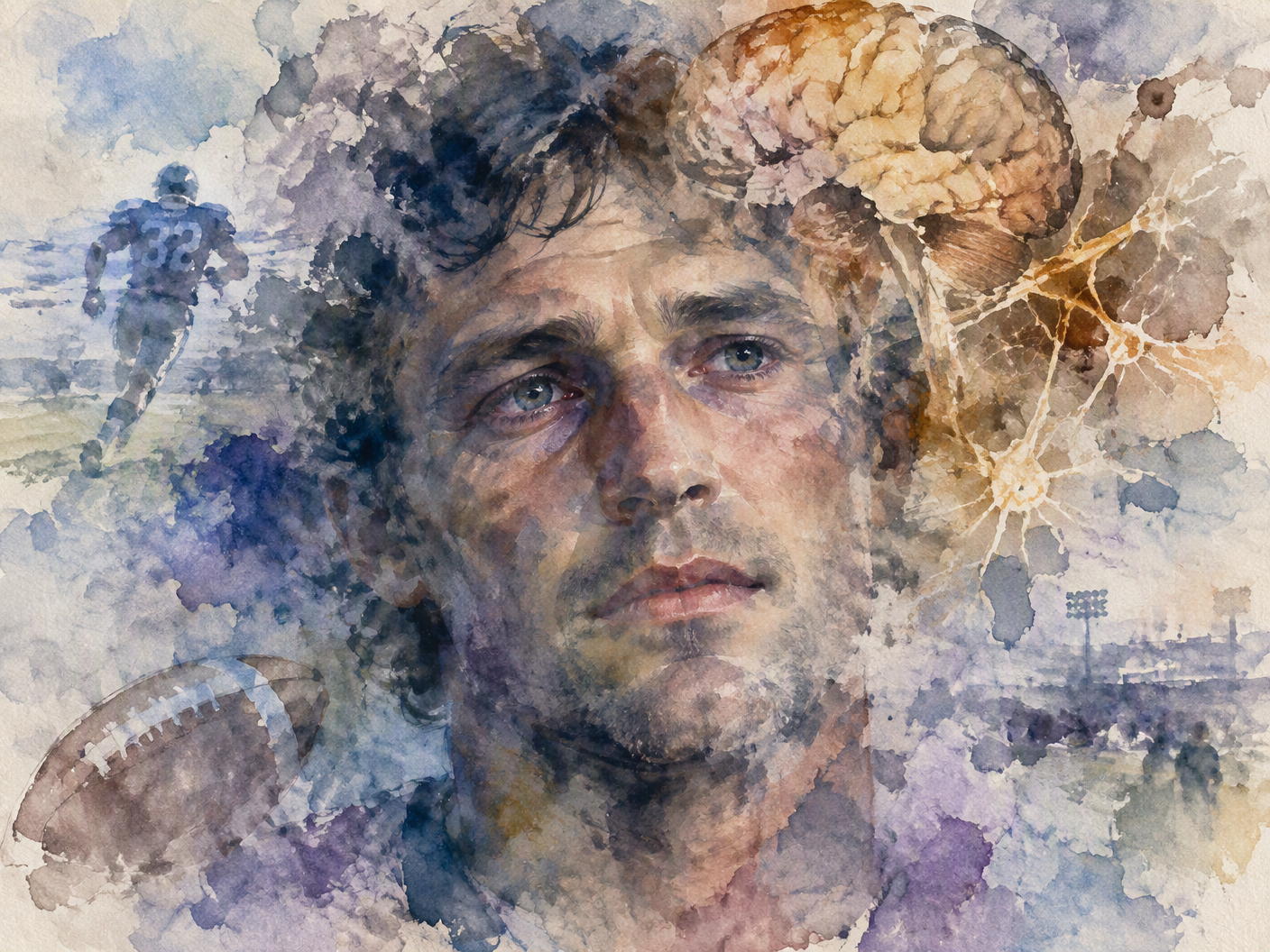 Watercolor painting of Ollie Matson’s face with soft, dissolving edges blending into abstract pigment blooms in blues and purples, representing memory loss and brain trauma from dementia and CTE, with faint blurred hints of running and football shapes in the background.
