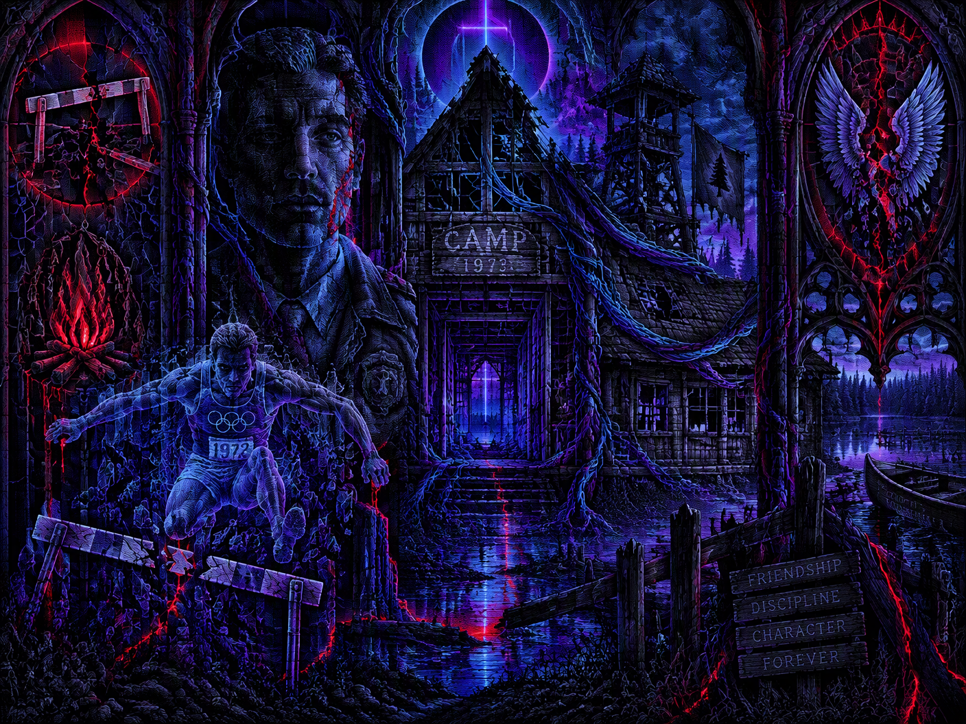 A gothic neon fantasy scene showing a ruined 1970s camp transformed into a haunted cathedral with glowing organic cables and neon light. A ghostly figure resembling a fallen Olympic hurdler stands amid dystopian camp structures, surrounded by abstract symbols of childhood trauma illuminated in blood-red neon veins against cold blues and purples.