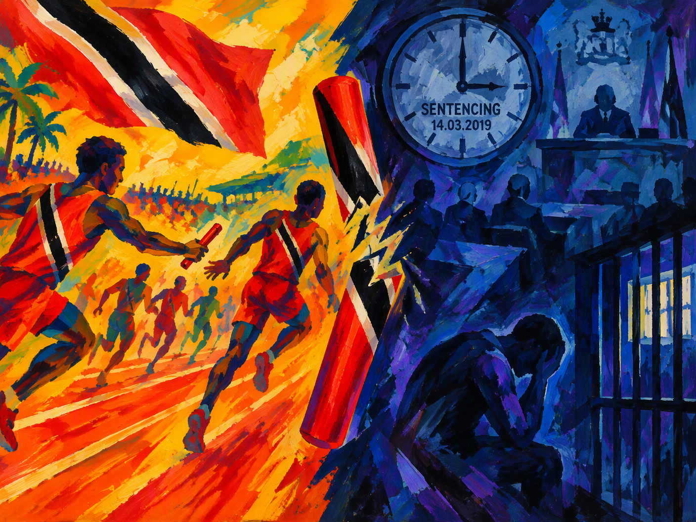 Abstract Fauvist editorial image split into vibrant warm colors symbolizing Trinidad and Tobago relay running on one side, sharply contrasting with cold, dark hues representing criminal conviction and imprisonment on the other, separated by a broken baton symbolizing a fractured life.
