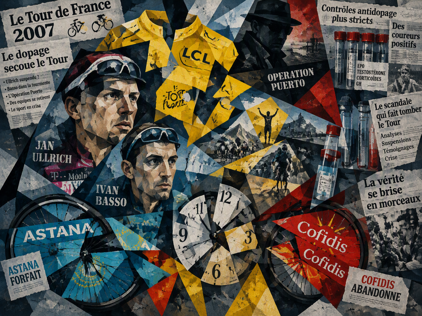 Cubist artwork with fragmented yellow jersey, shattered bicycle wheels, layered faces of riders Ullrich and Basso, and symbolic lab equipment, representing the doping scandals breaking the 2007 Tour de France.