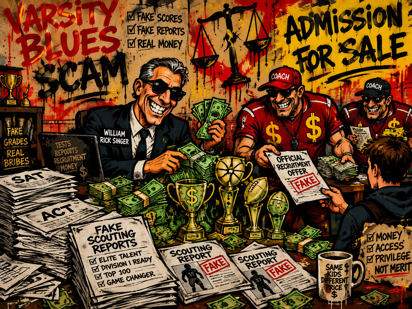 Cartoon of William Rick Singer smiling slyly in a chaotic office handing out fake athletic recruit papers to coaches with dollar signs on their jerseys, set against graffiti-covered walls reading 'Varsity Blues Scam.' Money turns into trophies and a broken justice scale drips paint, illustrating the college admissions bribery scandal.