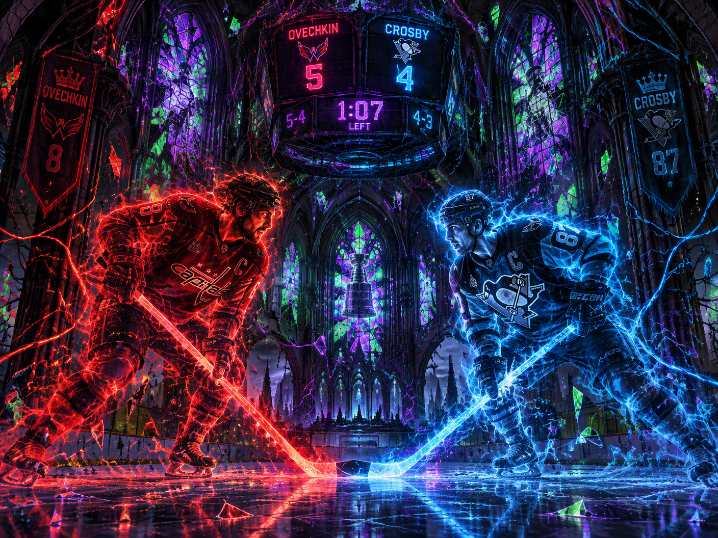 Gothic neon fantasy scene showing spectral figures of Alexander Ovechkin in fiery red and Sidney Crosby in icy blue facing each other inside a ruined cathedral shaped like a hockey rink, illuminated by neon cables and flickering scoreboard displaying historic game scores.