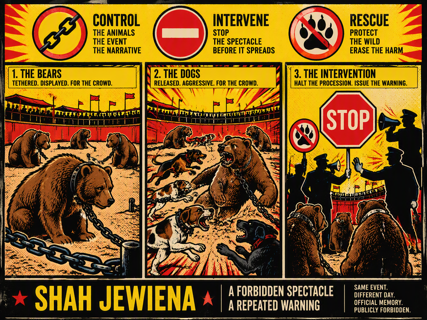Pop Art triptych in bold colors showing chained bears in an arena, dogs attacking, and officials stopping the event with stop signs; graphic symbols of chains and crossed paw prints float above, symbolizing prevention of bear-baiting in Pakistan.