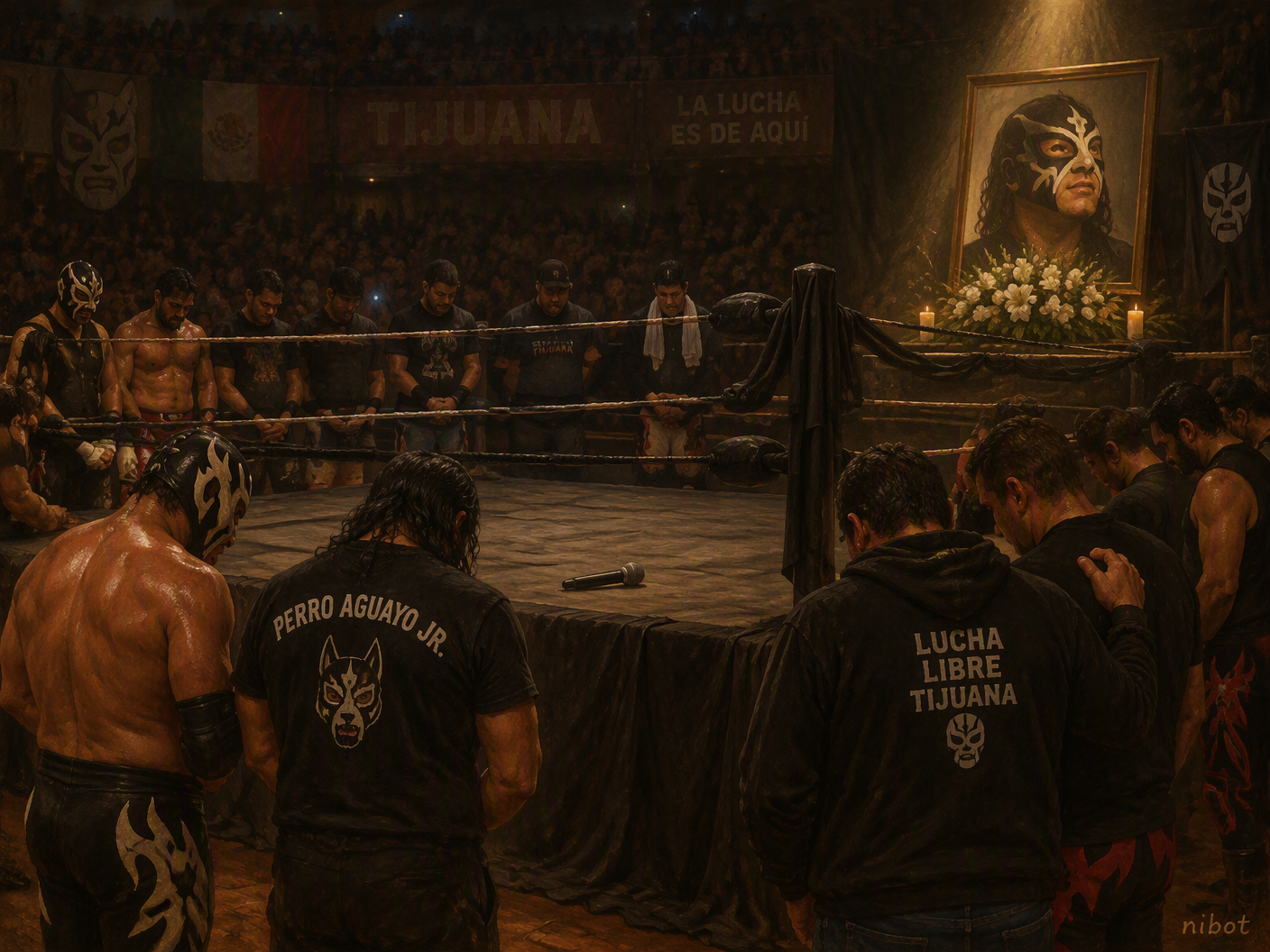 A wrestling ring in a dimly lit arena with black mourning cloths on the ropes, surrounded by grieving wrestlers standing with heads bowed. A framed photo of Perro Aguayo Jr. rests by the ring apron, softly illuminated by a spotlight, conveying a somber tribute after his death during a match.