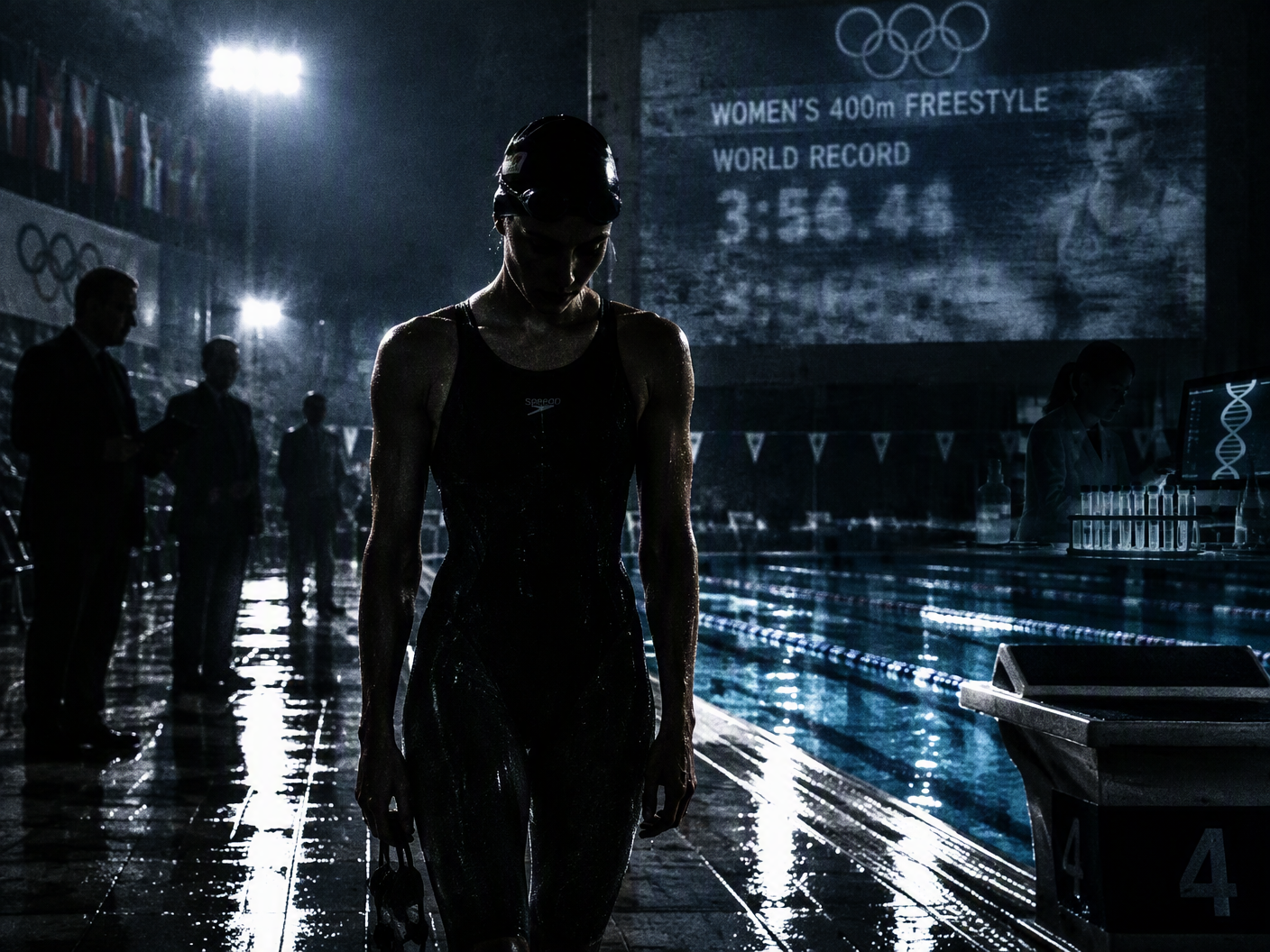 A lone female swimmer stands by an Olympic pool at night, her face half in shadow and surrounded by reflections and vague silhouettes of officials and lab equipment, with a fading world record time on the scoreboard behind her, conveying a noir atmosphere of corruption and contested legacy.