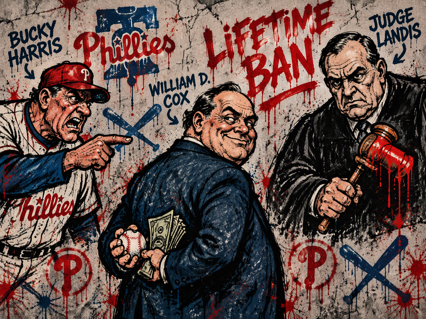 Cartoon-style scene with Phillies owner William D. Cox clutching cash and a baseball, confronted by manager Bucky Harris’s pointing finger, and scowling Judge Landis holding a gavel; gritty spray paint graffiti and rough marker lines set a rebellious urban tone.