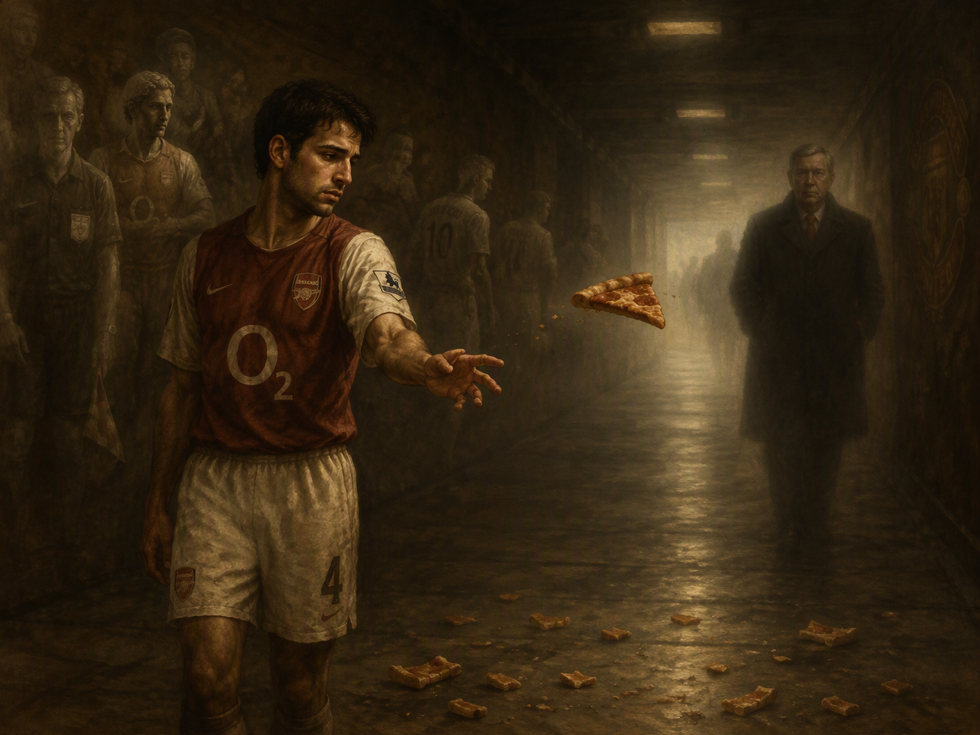 A young classical figure symbolizing Cesc Fàbregas stands in a dim, desolate football tunnel holding a floating pizza slice mid-throw toward a distant blurred older figure representing Sir Alex Ferguson, surrounded by ghostly, statuesque forms and shattered pizza crusts on the floor, rendered in muted sepia tones and oil paint style.