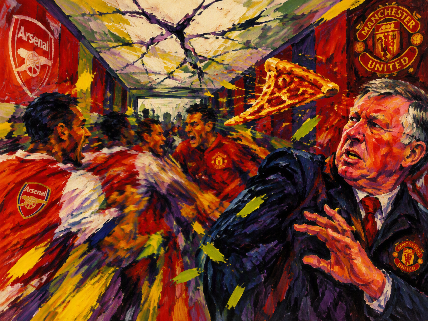 Fauvist-style vibrant painting of a narrow stadium tunnel with blurred figures in red and crimson, a flying red-orange pizza slice hitting a flushed Sir Alex Ferguson, expressing intense rivalry and emotional conflict with broad brushstrokes and flattened space.