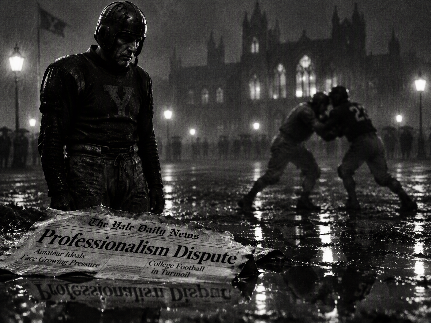Black and white high-contrast image showing 1890s football players on a wet field at night, focusing on an older player in vintage gear standing apart amid obscured figures, with reflections of a torn newspaper headline about professionalism and a shadowy school building in the background.