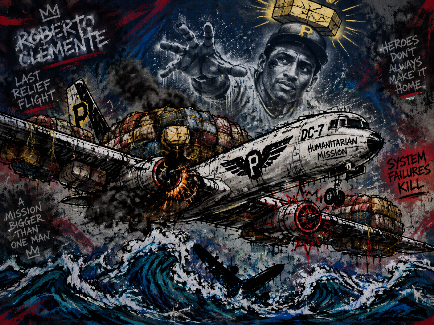 A crude urban pop drawing of a Douglas DC-7 plane crashing into the ocean with engines failing, surrounded by graffiti-style waves and spray-painted ghost of Roberto Clemente reaching out in the sky, symbolizing tragedy and a failed humanitarian mission.