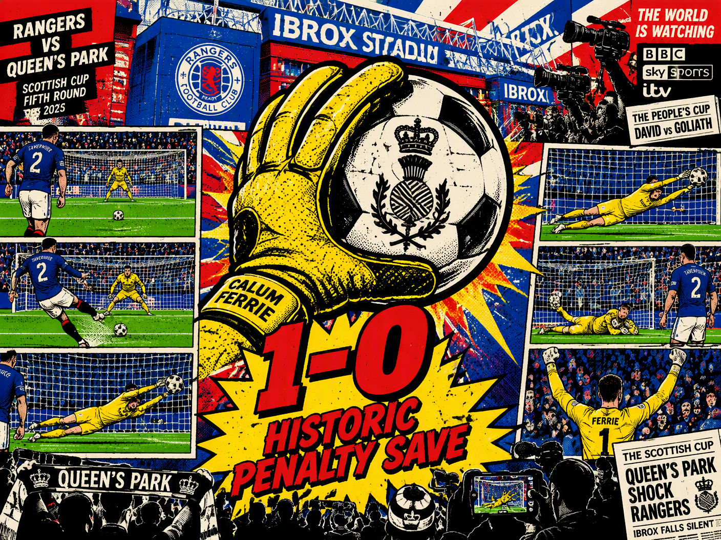 Pop Art style illustration showing Queen’s Park goalkeeper Calum Ferrie saving a penalty from Rangers captain James Tavernier at Ibrox stadium, with repeated panels and bold graphic colors capturing the drama of a decisive Scottish Cup upset.