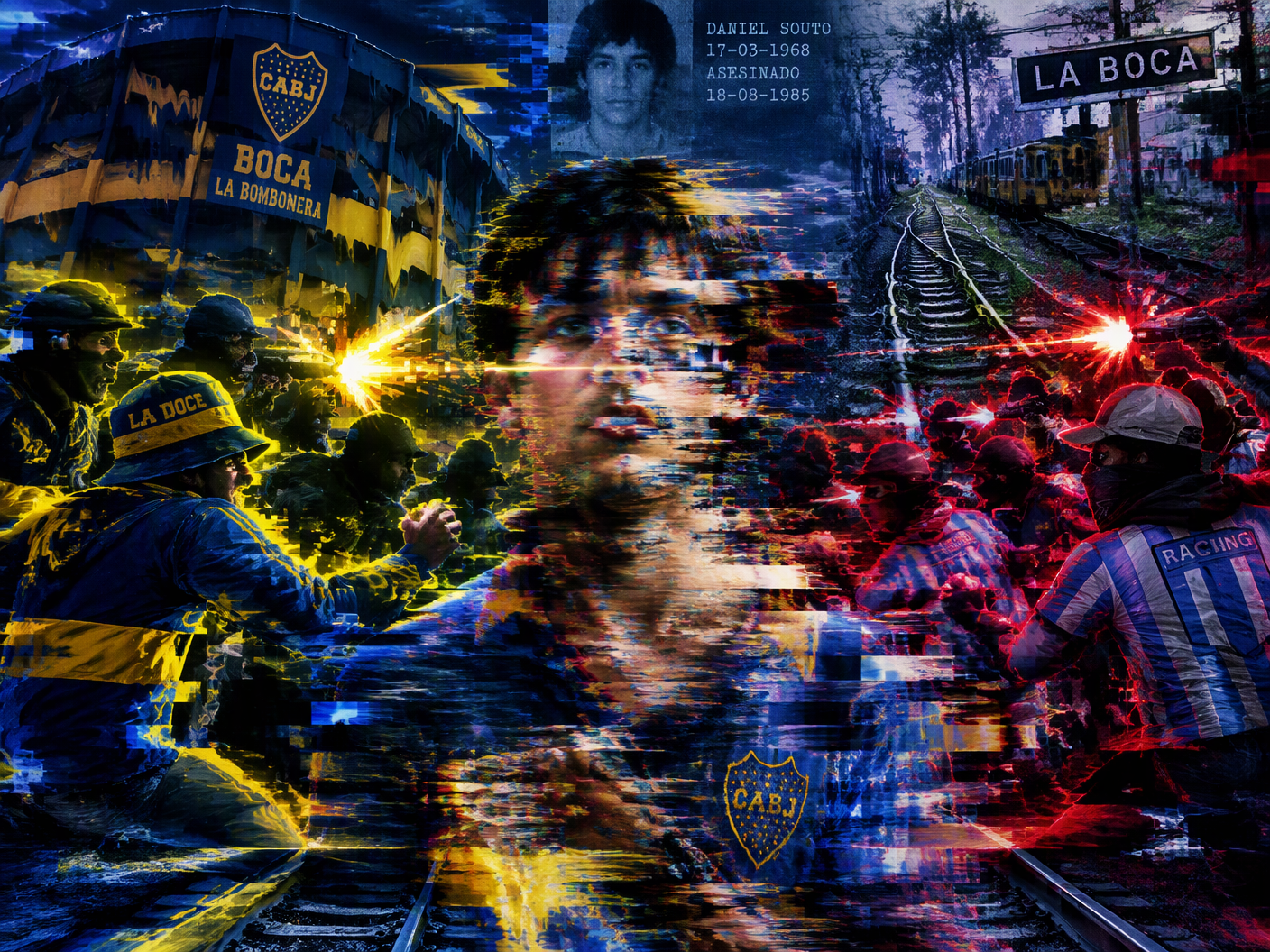 A melting, pixel-distorted figure symbolizing Daniel Souto stands amidst glitching, neon-outlined silhouettes of hostile football supporters near a warped stadium and smeared railway tracks, evoking violent clashes and unstable memories from 1985.