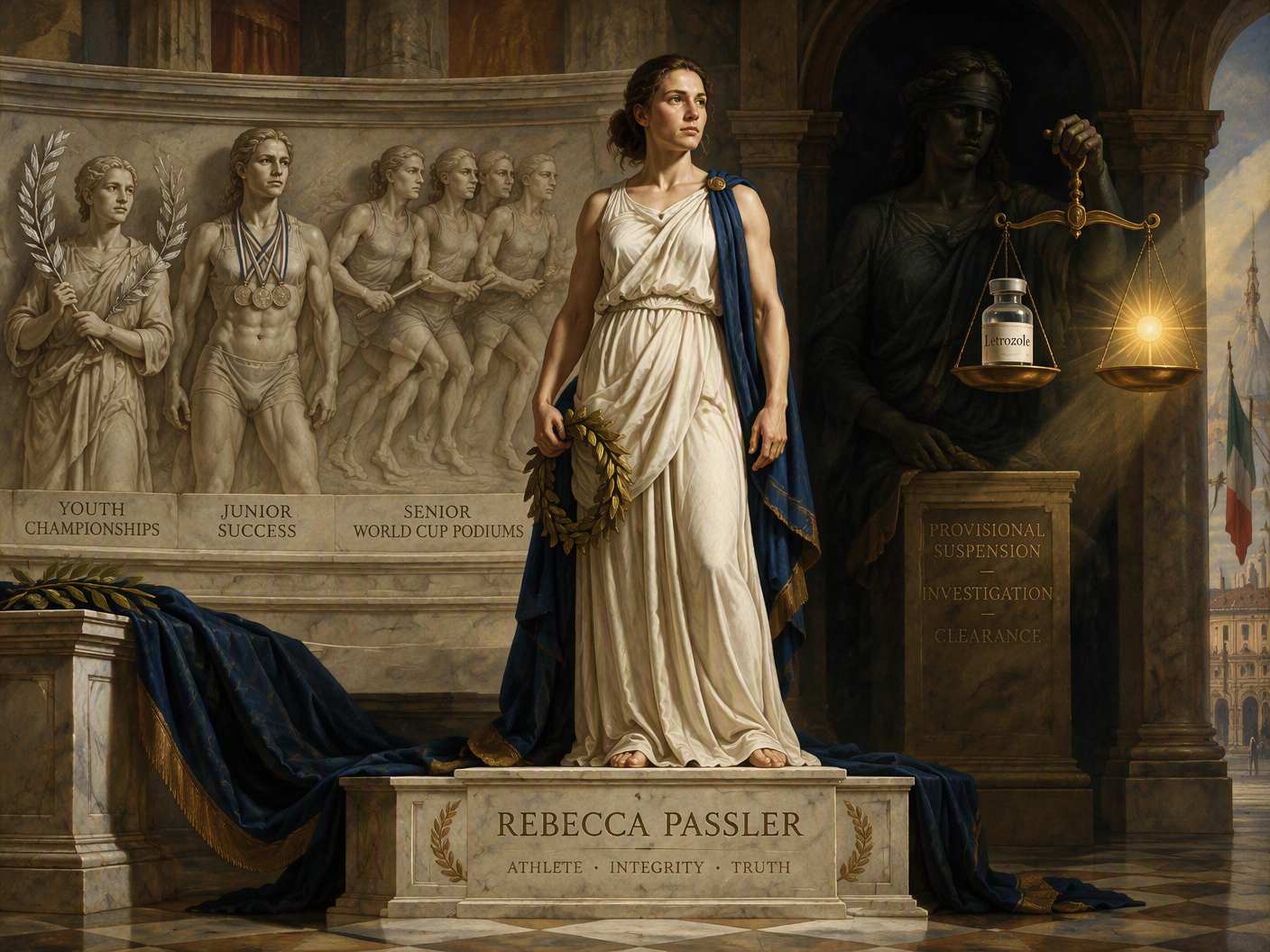 Neoclassical-style painting of athlete Rebecca Passler on a podium with allegorical figures representing her career milestones and a judicial figure holding scales balancing doping substances and truth, set in an Italian civic architectural space.