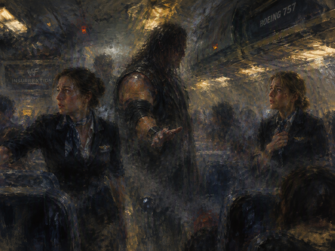 Impressionistic painting of a dimly lit airplane cabin showing three figures with hazy, broken brush strokes conveying tension and fading moments: a wrestler and two female flight attendants, capturing the uneasy atmosphere aboard the 2002 WWE charter flight.