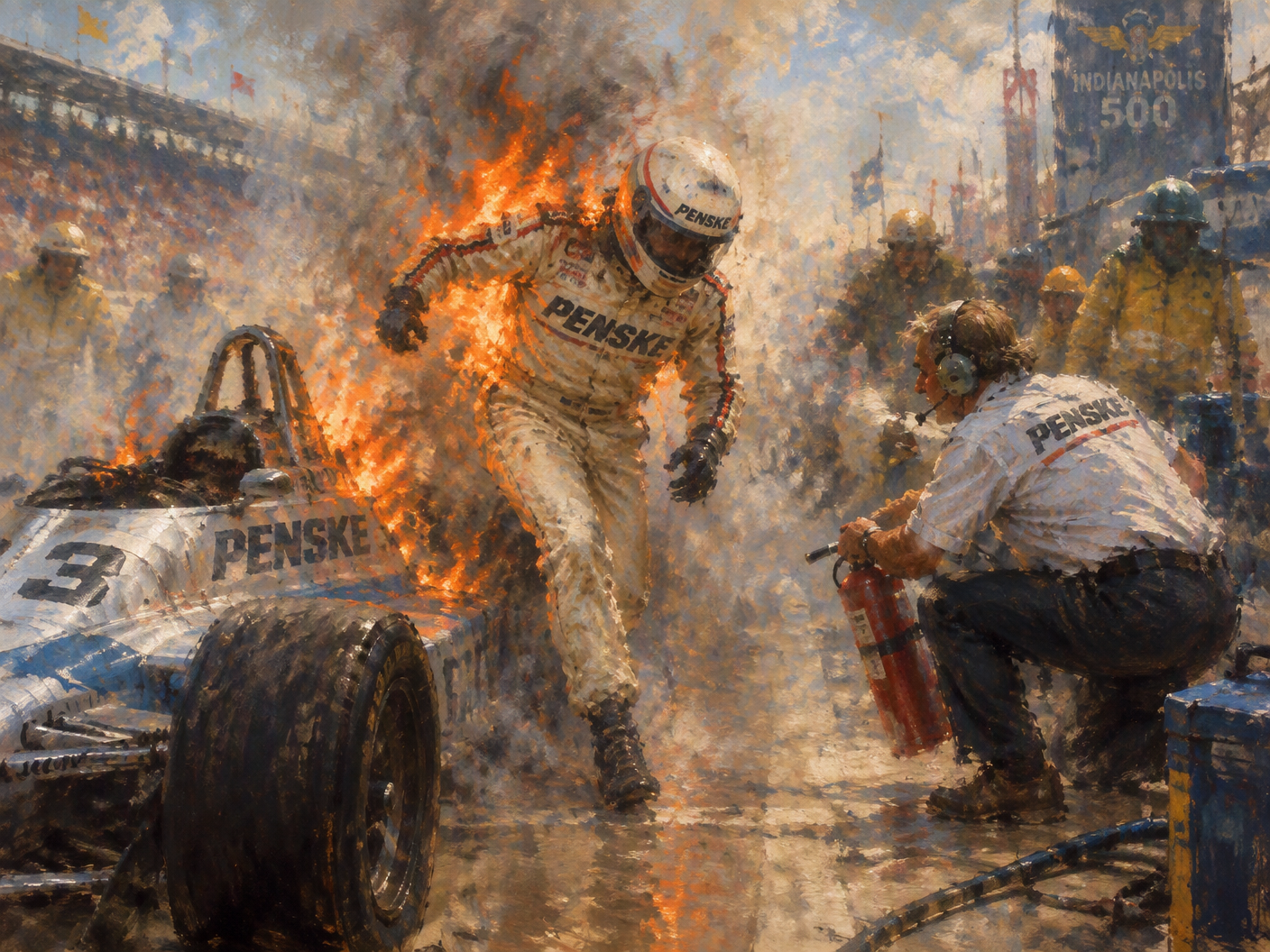 Impressionist painting of Rick Mears climbing out of his Penske race car engulfed in flames at the pit stop, with Bill Mears using a fire extinguisher to put out the fire amid smoky, blurred pit lane surroundings.