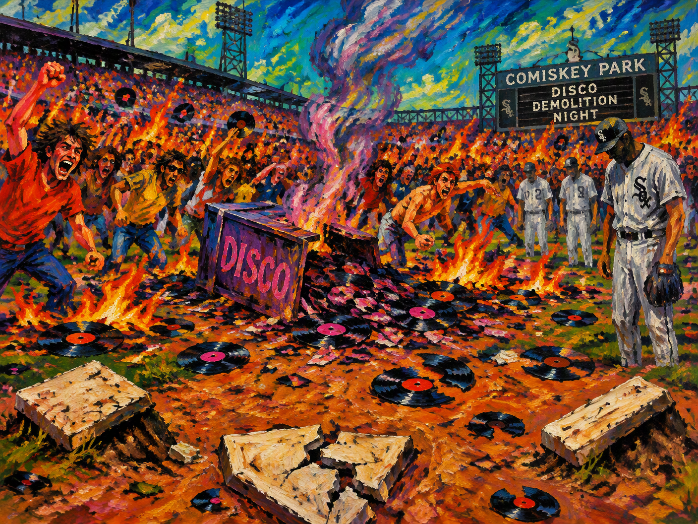 A Fauvist-style painting of Comiskey Park’s baseball field destroyed by an explosion, with a crowd storming the field, burning fires, scattered broken vinyl records, and uprooted bases under a turbulent sky, conveying emotional chaos and conflict.