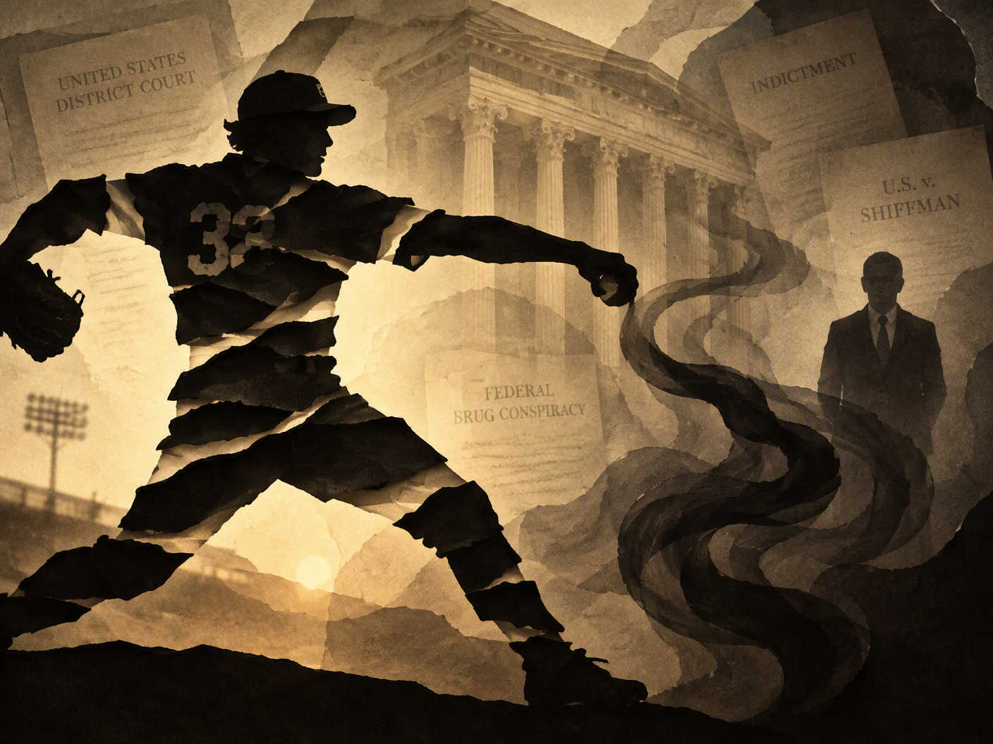 Silhouette cut-paper artwork showing a fragmented baseball pitcher in mid-throw, with shadowy figures and courthouse columns layered behind, evoking a haunting story of sports, drug use, and legal shadows in 1980s Pittsburgh.