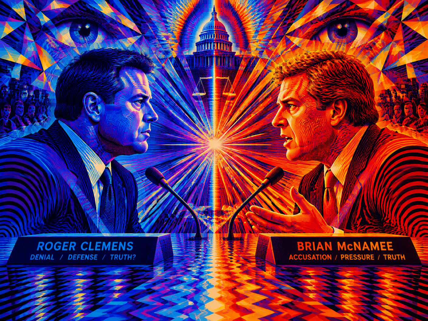Abstracted radiant human silhouettes facing each other over a vertical divide of vibrant, vibrating geometry; cool blues and purples on one side and intense reds and oranges on the other, with intersecting radiant lines and a symmetrical luminous field symbolizing the clash of sworn testimony and unresolved allegations in a courtroom setting.