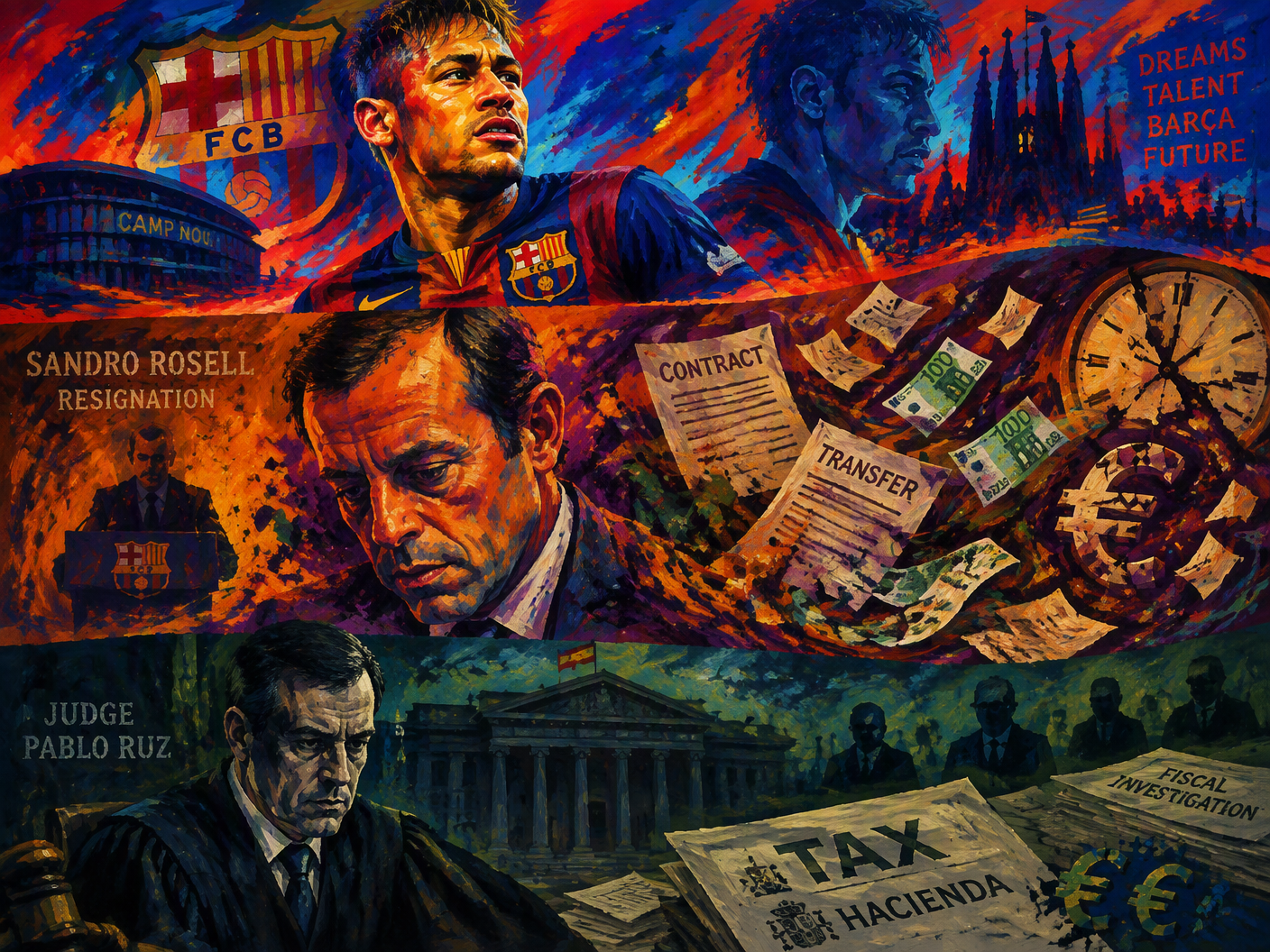 Fauvist editorial painting showing Neymar in vibrant reds and blues at top, abstracted Sandro Rosell in orange and purple turmoil at center, and deep indigo and green shadowy courthouse with tax documents below, symbolizing the heated scandal and legal battles surrounding Neymar’s transfer.