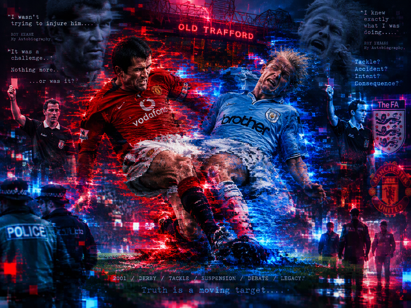 Surreal digital artwork showing distorted, melting figures of two football players colliding on a glitchy neon-lit pitch with layers of fragmented text and symbols representing Roy Keane’s tackle on Alf-Inge Haaland and its aftermath.