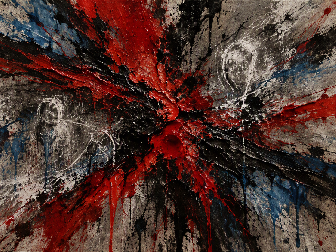 Abstract expressionist painting with aggressive red and black poured paint gestures on rough canvas, symbolizing emotional rupture and fear, capturing the turmoil of Paddy Ryder's family fears and loss of trust during his trade from Essendon.
