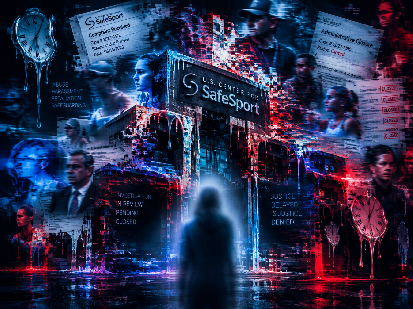 A surreal digital painting of a fragmented institutional building melting and pixelating with neon distortions, representing SafeSport's opaque complaint processes and administrative closures under scrutiny.
