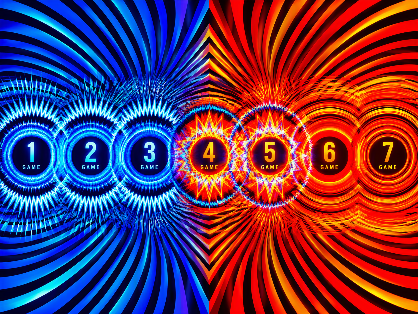 Abstract chromatic Op Art of seven interlocking circles representing a basketball finals series: three icy blue circles for Alaska’s lead followed by four vivid red-orange circles symbolizing San Miguel’s comeback, with two middle warm circles featuring bright starbursts indicating overtime battles, creating a visual pulse of tension and reversal.