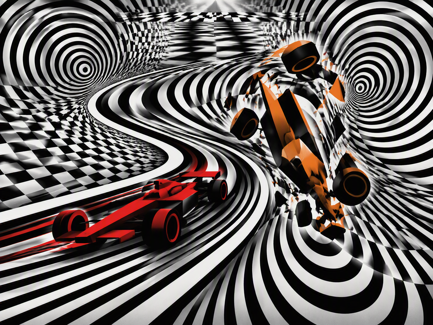 Op Art style image depicting two distorted, intersecting racing lines with one fragmenting into a flipping geometric form, symbolizing the final-lap crash between Santino Ferrucci and Oliver Askew at the First Responder 175, rendered in black and white with red and orange accents to represent the drivers' cars amid vibrating optical patterns and warped grids.