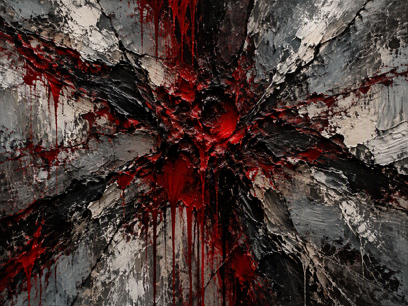 Abstract expressionist image with heavy black and deep crimson paint gestures cracking and spreading over a raw textured surface of grays and whites, symbolizing the rupture of trust and the erasure of innocence.