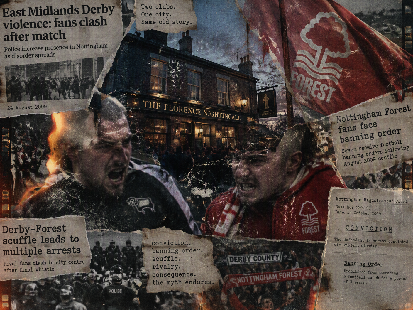A grainy collage of torn photos shows the Florence Nightingale pub, angry football fans from Derby and Nottingham Forest, a worn Nottingham Forest corner flag, and fragmented court documents, all layered with faded colors and film grain to evoke memory and myth around the 2009 football rivalry violence.