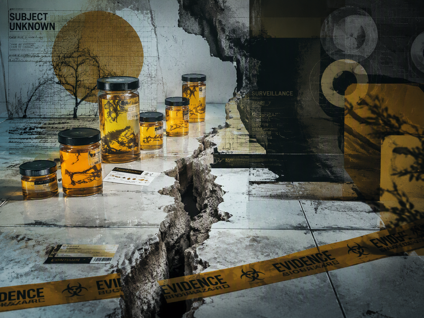 A sterile laboratory table is divided by a jagged concrete crack. Amber specimen jars sit near dark abstract surveillance silhouettes, with strips of forensic evidence tape crossing the scene.
