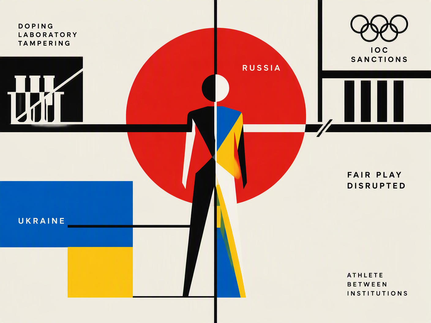 Abstract geometric composition in primary colors and black and white representing Russia’s doping scandal and IOC sanctions, showing intersecting shapes symbolizing tampered labs, national flags, and athletes suspended between competing political and sporting forces.