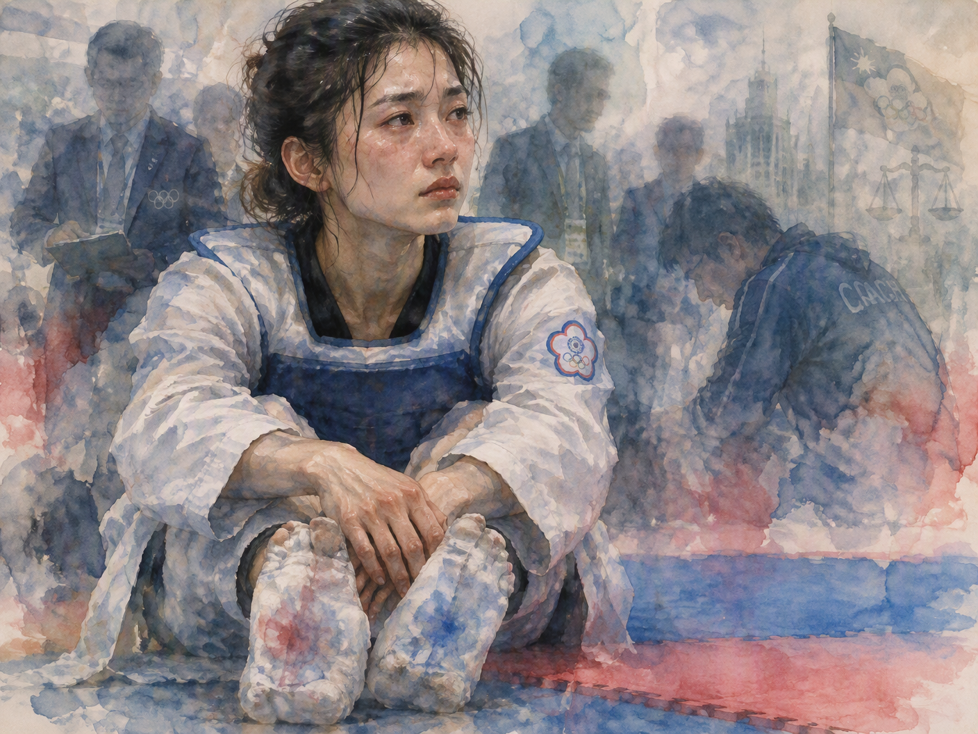 A watercolor painting showing a female taekwondo athlete sitting on the edge of the mat, her face intimate and vulnerable, with soft washes of red and blue pigment on her socks where sensors were found, surrounded by blurred figures representing officials and a coach.