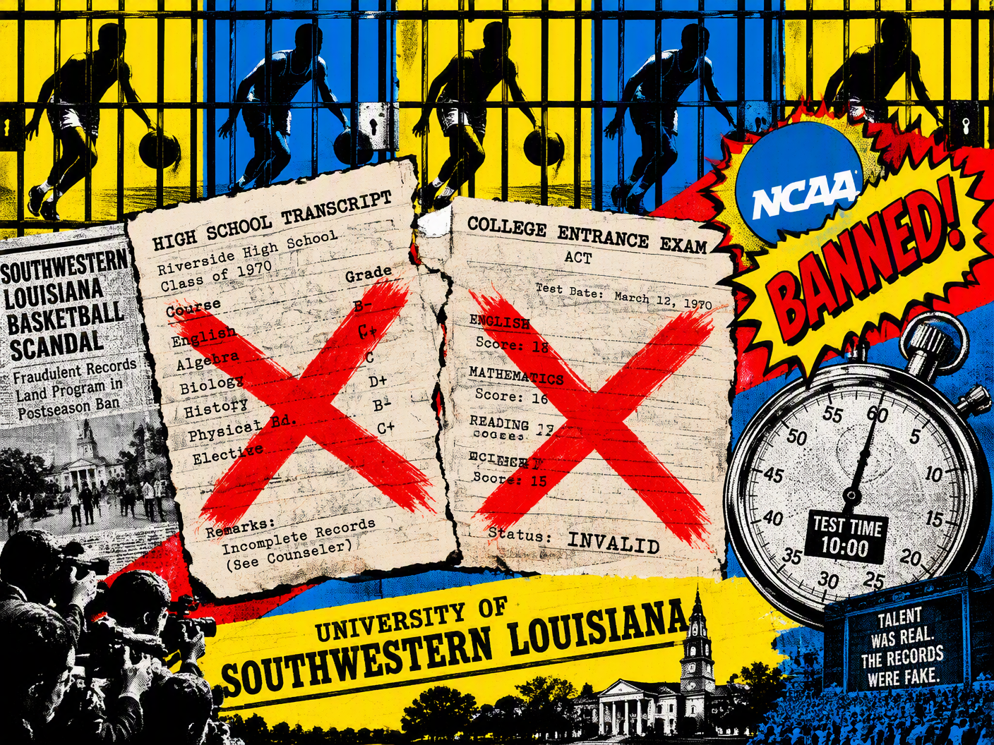 Pop Art collage showing altered transcripts marked with red Xs, a surrogate exam paper, a basketball player behind barred gates, and repeating panels symbolizing the 1970s Southwest Louisiana basketball academic fraud scandal and NCAA postseason ban.