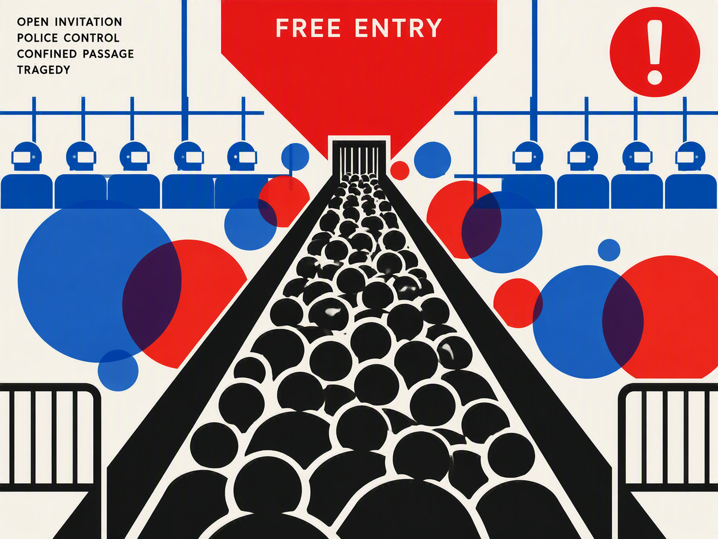 Abstract geometric Bauhaus-style image showing a funnel-shaped narrow stadium entrance filled with overlapping black human shapes representing a crowded crush, with red and blue circular shapes symbolizing tear gas and police control, set against a white grid background.