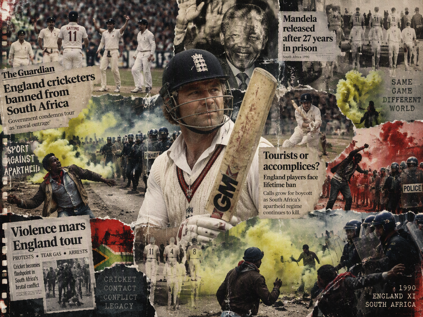 Photo collage showing England cricket players on the field in white, overlaid with grainy images of riot police confronting protesters throwing stones and tear gas clouding the scene, with a faded image of Nelson Mandela’s release blended into the background, symbolizing the political turmoil surrounding the 1990 rebel tour.