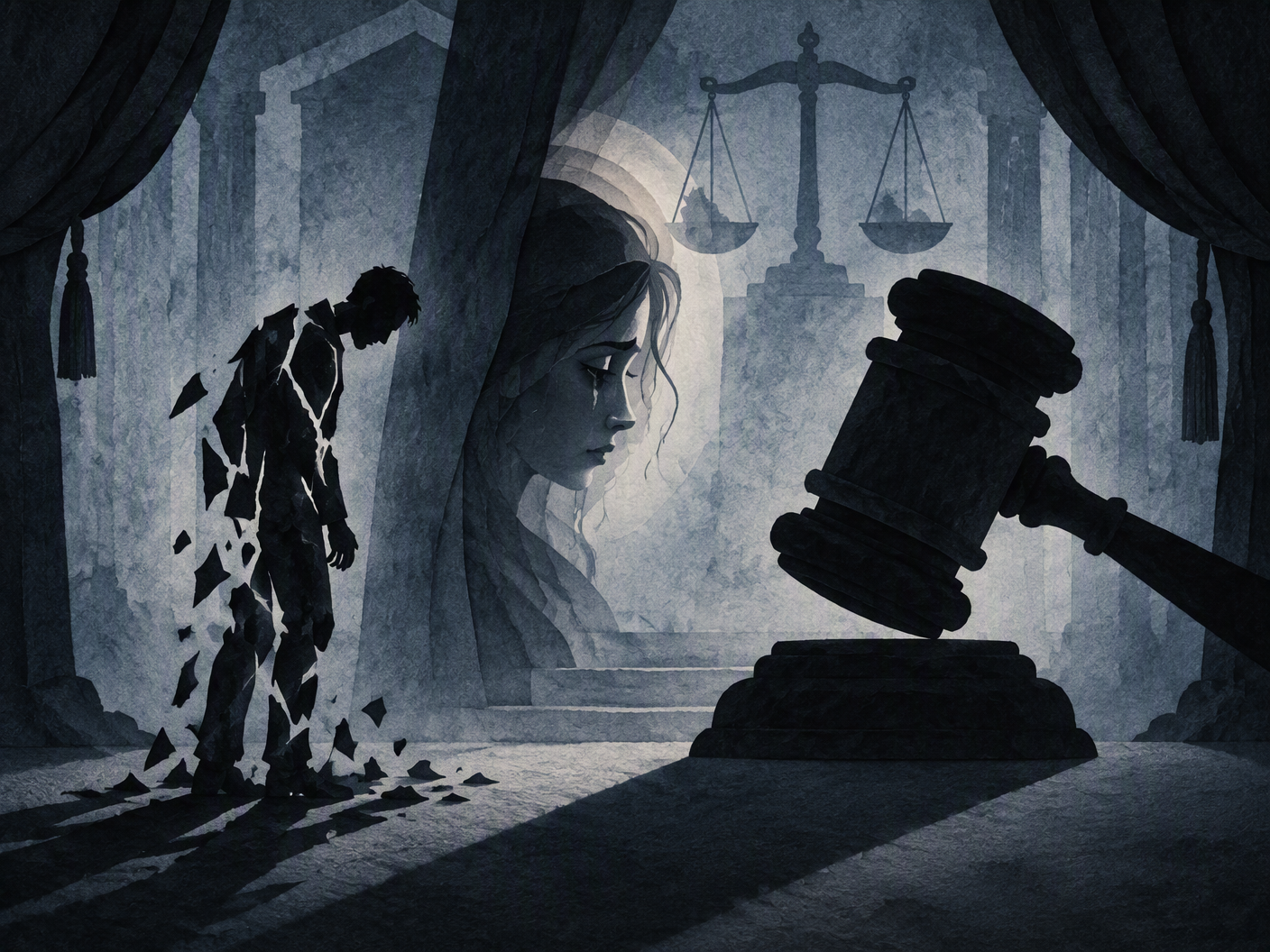 Cut-paper silhouette scene of a broken male figure facing a large shadowy judge’s gavel, with a fragile young woman’s profile illuminated in soft layered light, set against an abstract court chamber background like a shadow theatre.