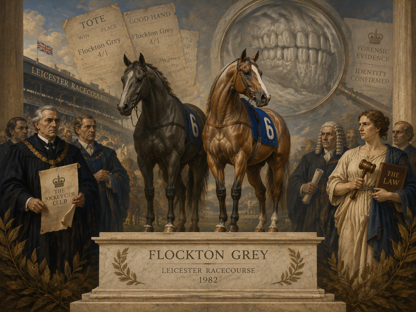 A neoclassical tableau depicting two horses on a marble plinth representing Flockton Grey and Good Hand, surrounded by judicial and racing officials, with betting slips and a horse’s teeth emphasized in a solemn, formal composition symbolizing the 1982 horse substitution scandal at Leicester.