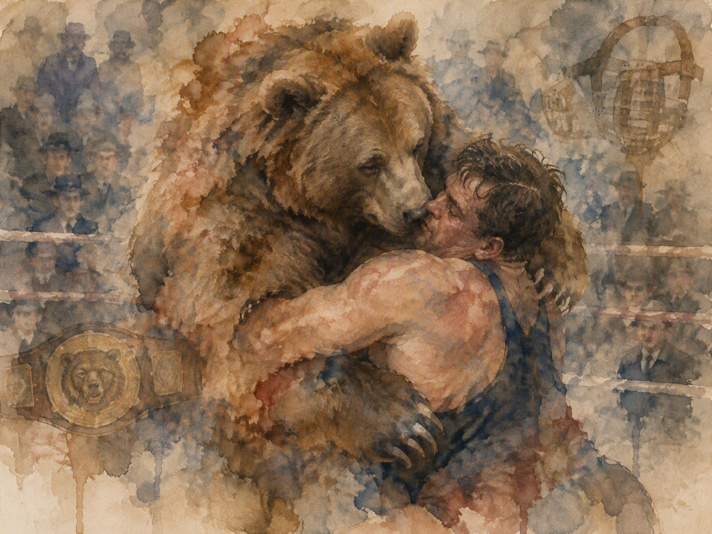 Watercolor expressionist painting of Terrible Ted, a large bear with a muzzle, wrestling a human in a vintage ring; pigment blooms and transparent layers blur the background, focusing on the intimate and controlled tension between bear and wrestler, evoking fading memories and the theatrical nature of bear wrestling.