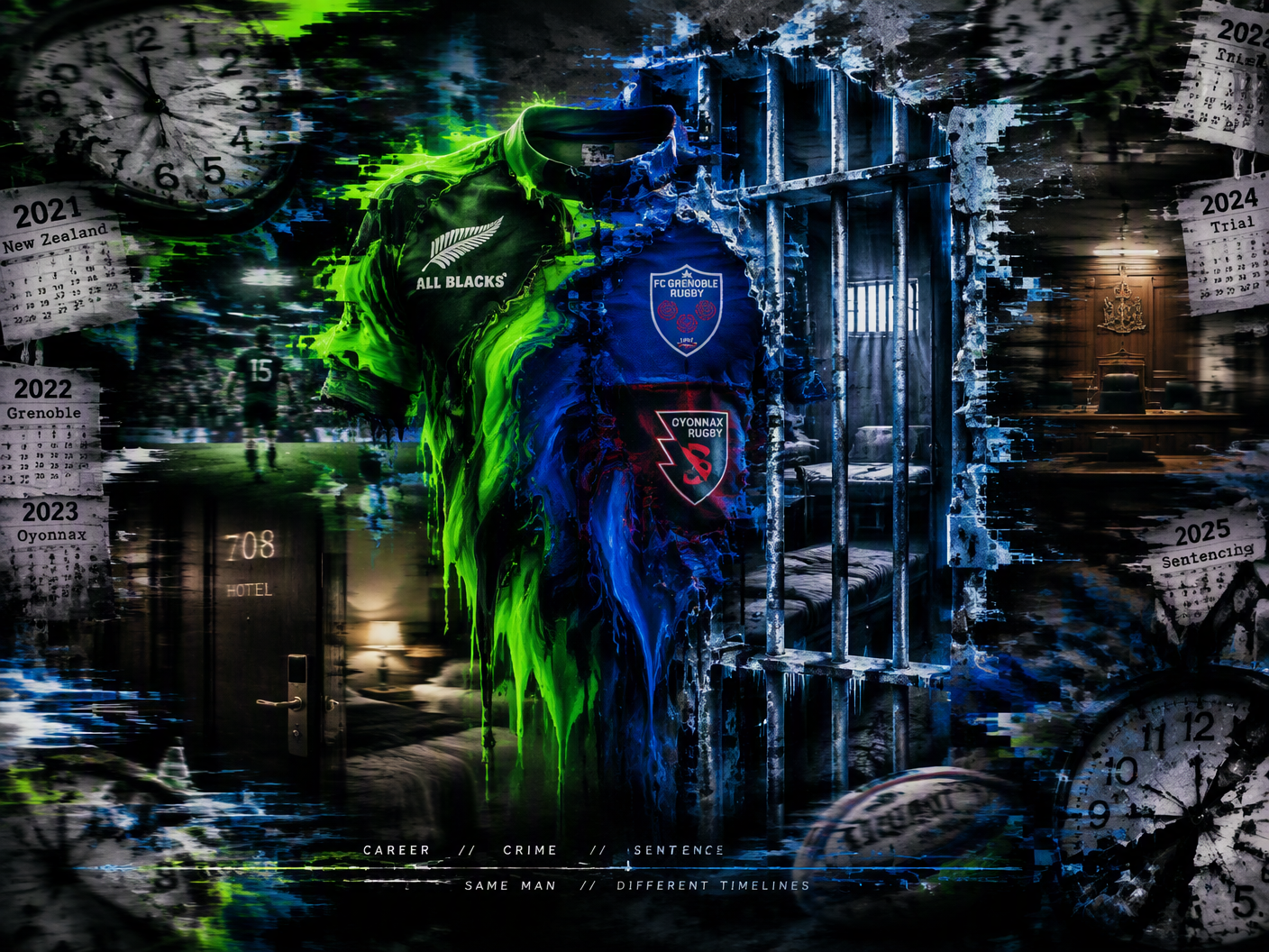 A surreal digital artwork showing a melting rugby jersey blending into fractured prison bars with distorted clocks and blurred hotel and courtroom elements, symbolizing Rory Grice’s overlapping rugby career and criminal sentencing timelines.