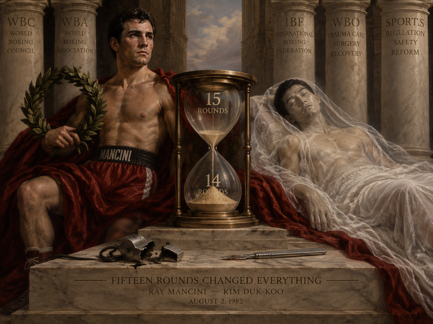 Neoclassical tableau showing Ray Mancini standing victorious holding a laurel wreath and Kim Duk-koo reclining draped in a shroud, with an hourglass marking fourteen rounds, set against classical columns symbolizing boxing institutions and hospitals, evoking the 1982 tragedy that changed boxing championship rules.