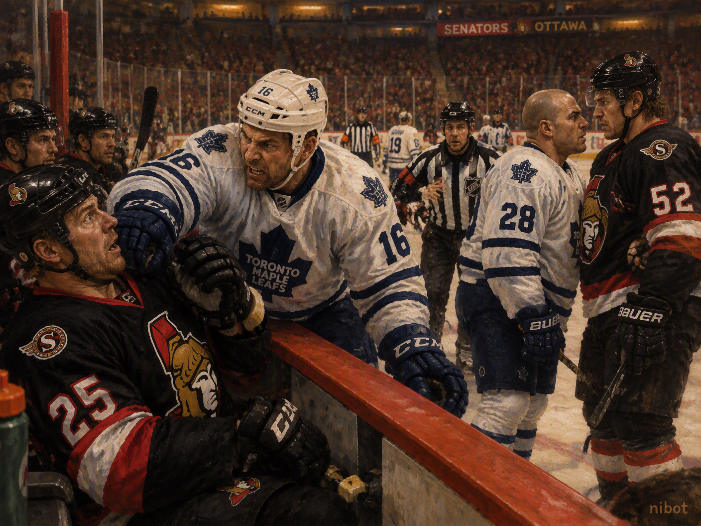 Hockey scene in 2003 showing Darcy Tucker approaching Chris Neil on the Senators' bench during a heated Ottawa-Toronto game, with Tie Domi and Magnus Arvedson nearby, capturing the moment of off-ice attack and escalating tensions under warm arena light.