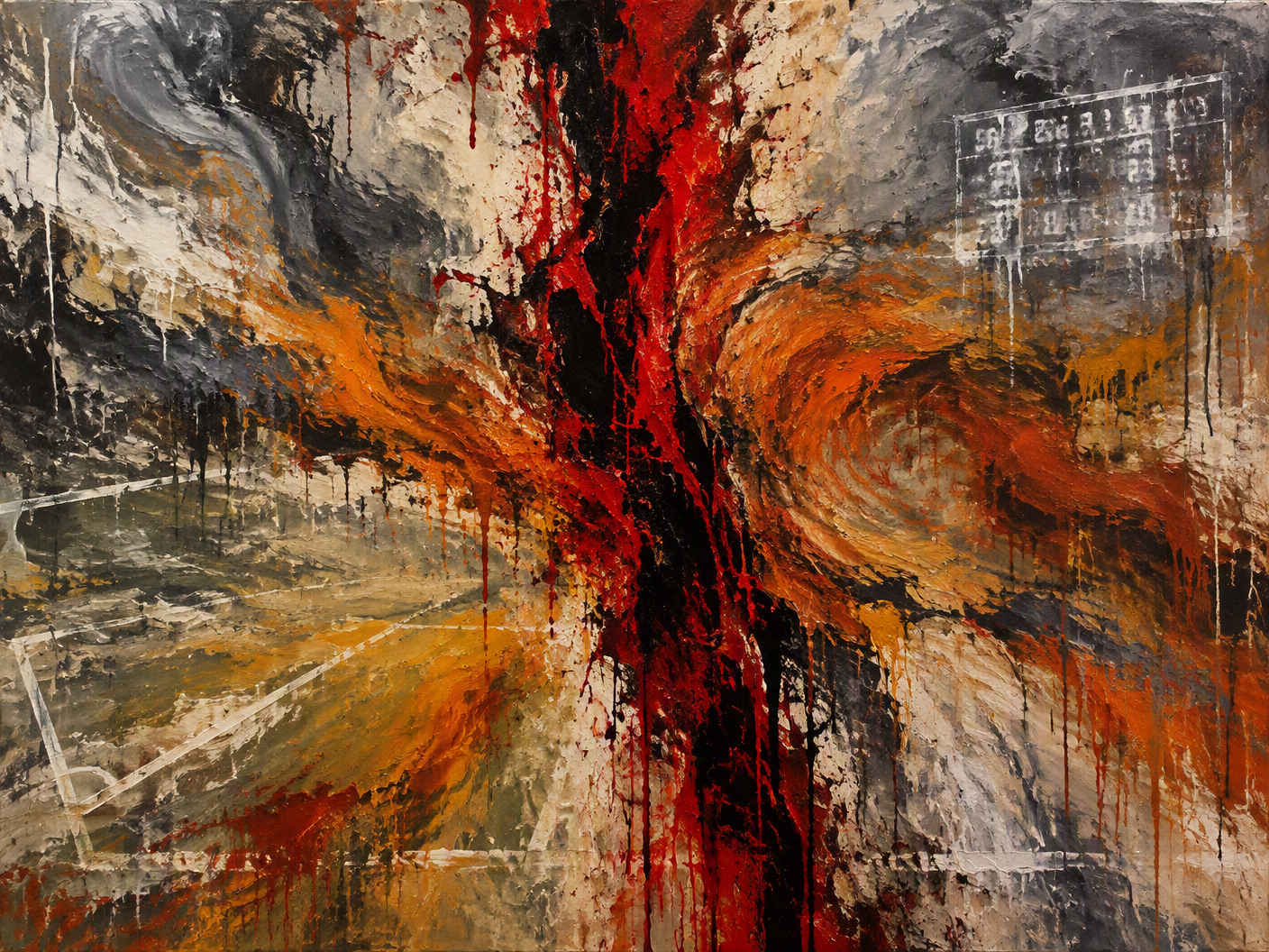 An abstract expressionist painting featuring a jagged vertical slash of deep crimson and black splitting a muted gray and white field, surrounded by swirling burnt orange and ochre brushstrokes, with fragmented white lines suggesting a dissolving cricket pitch, expressing a sudden rupture and emotional pressure.