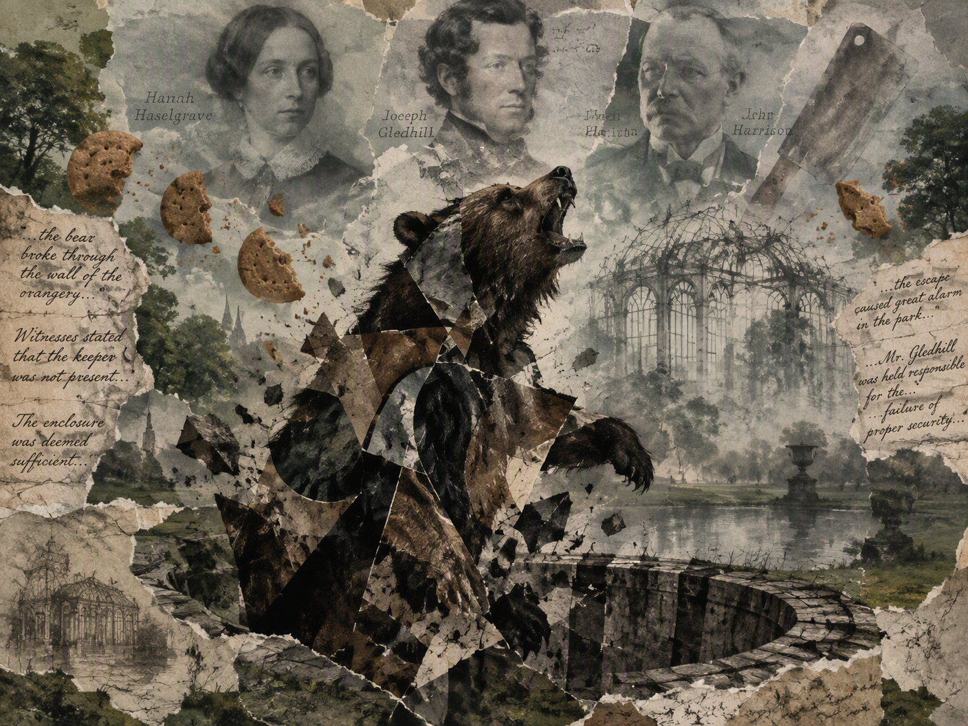 Surreal collage showing an abstract bear breaking free from a cracked pit, ghostly human figures of Hannah Haselgrave, Joseph Gledhill, and John Harrison, overlapping with biscuits and a butcher's cleaver, set against a dissolving orangery in muted greens and grays, expressing containment broken and tragic aftermath.