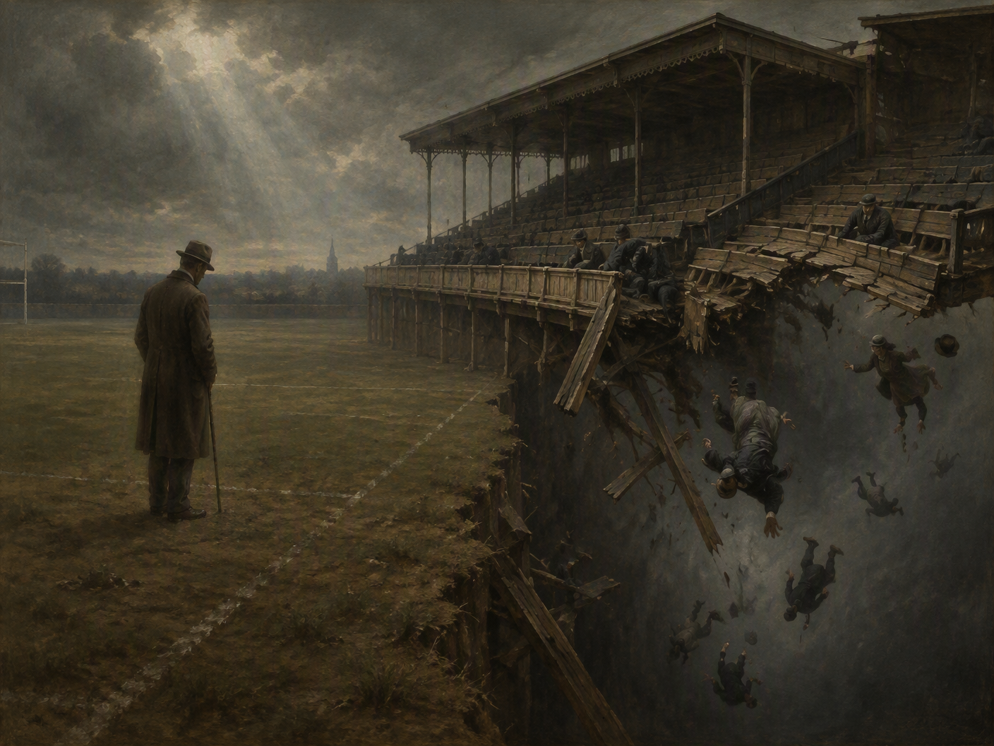 A muted, surreal classical painting of a broken wooden stadium stand collapsing into darkness with figures falling; a solitary person in 1902 clothing stands alone on an empty football pitch, gazing at the ruins under a cloudy sky, evoking stillness, psychological solitude, and tragic memory.