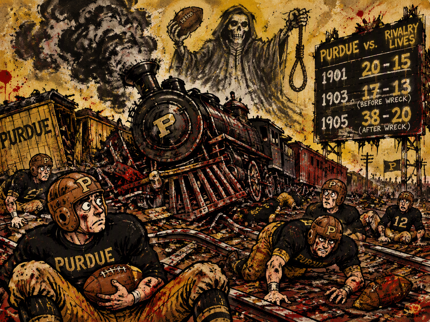 A crude cartoon showing a derailed early 1900s steam train with shocked Purdue football players scattered around, a ghostly death figure looming behind, and a scoreboard with game scores before and after the wreck, rendered in rough marker lines and spray paint textures.